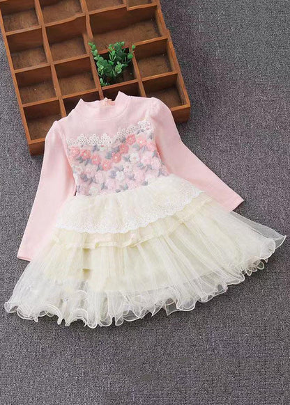 Art Pink O-neck Lace Patchwork Tulle Maxi Dresses Fall