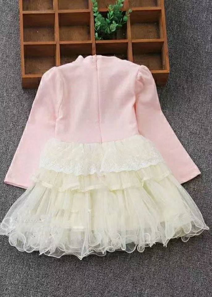 Art Pink O-neck Lace Patchwork Tulle Maxi Dresses Fall