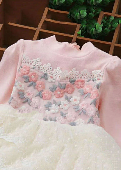 Art Pink O-neck Lace Patchwork Tulle Maxi Dresses Fall