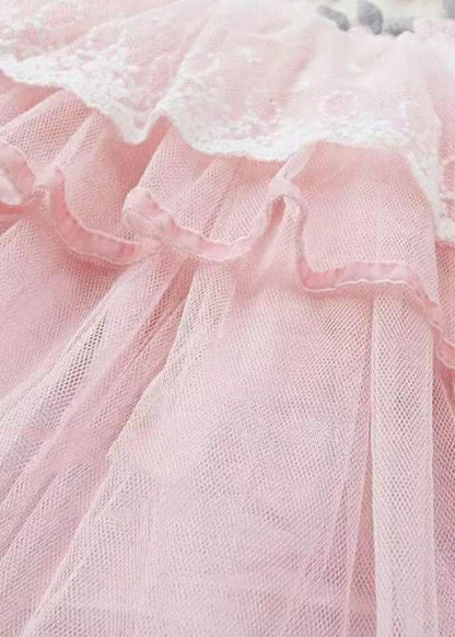 Art Pink O-neck Lace Patchwork Tulle Maxi Dresses Fall