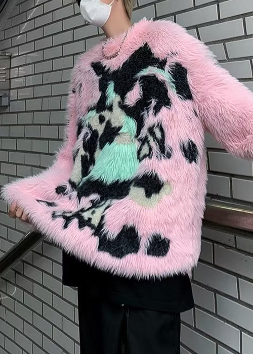 Art Pink O Neck Patchwork Mink Velvet Sweaters Winter