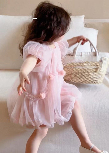 Art Pink O-neck Patchwork Tulle Baby Mid Dress Short Sleeve