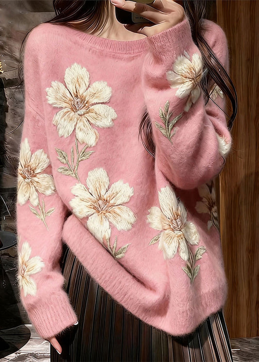 Art Pink O Neck Thick Knit Sweaters Winter