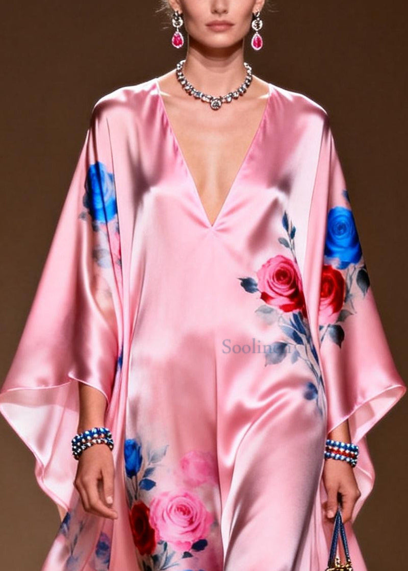 Art Pink Oversized Print Silk Party Dress Summer