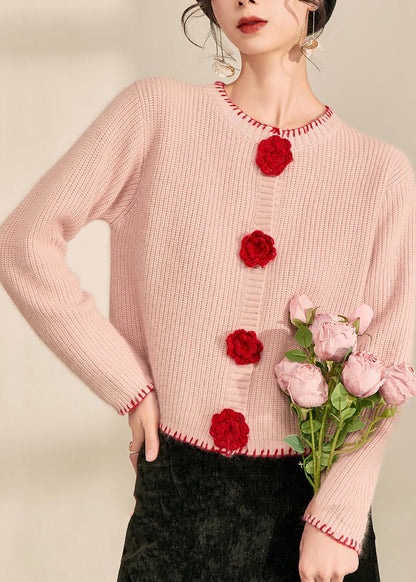 Art Pink Patchwork Button Cotton Knit Cardigan Spring