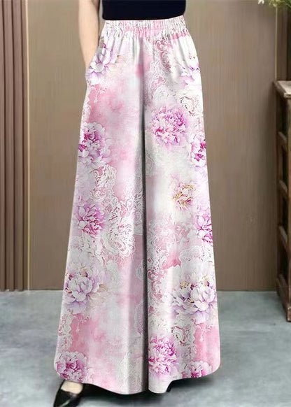 Art Pink Pockets High Waist Silk Wide Leg Pants Summer