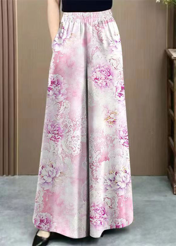 Art Pink Pockets High Waist Silk Wide Leg Pants Summer