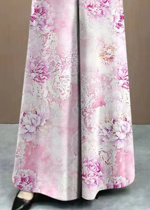 Art Pink Pockets High Waist Silk Wide Leg Pants Summer