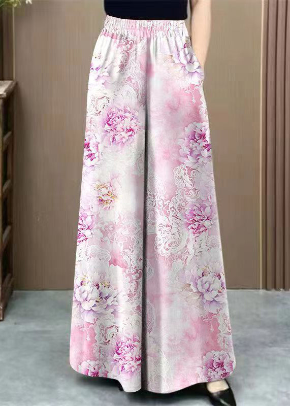 Art Pink Pockets High Waist Silk Wide Leg Pants Summer