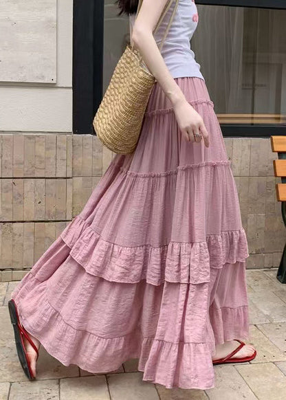 Art Pink Ruffled Elastic Waist Cotton Skirts Summer