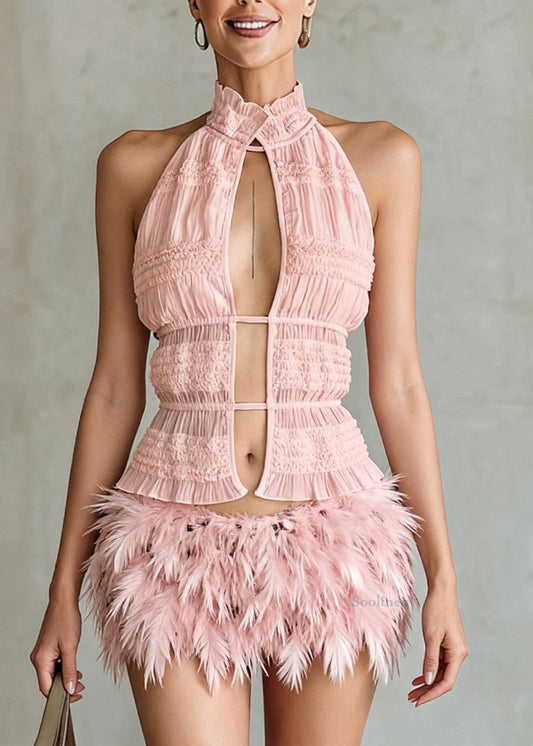 Art Pink Ruffled Hollow Out Lace Up Cotton Tank Sleeveless