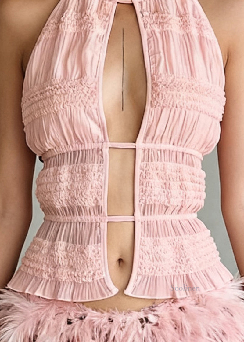 Art Pink Ruffled Hollow Out Lace Up Cotton Tank Sleeveless