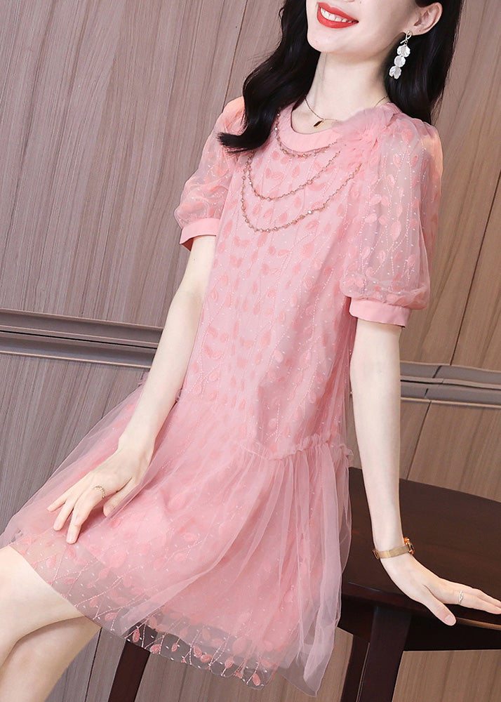Art Pink Ruffled Patchwork Tulle Party Mid Dress Short Sleeve