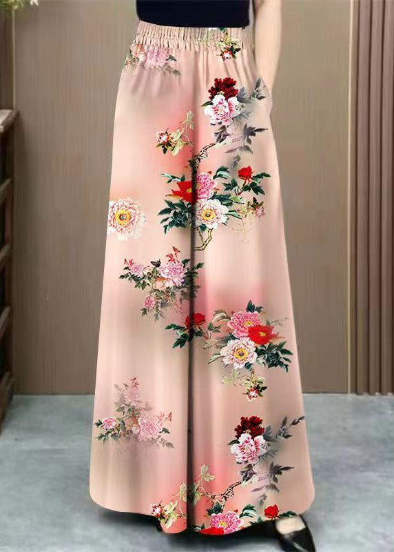 Art Pink Tie Dye Pockets Cotton Wide Leg Pants Elastic Waist