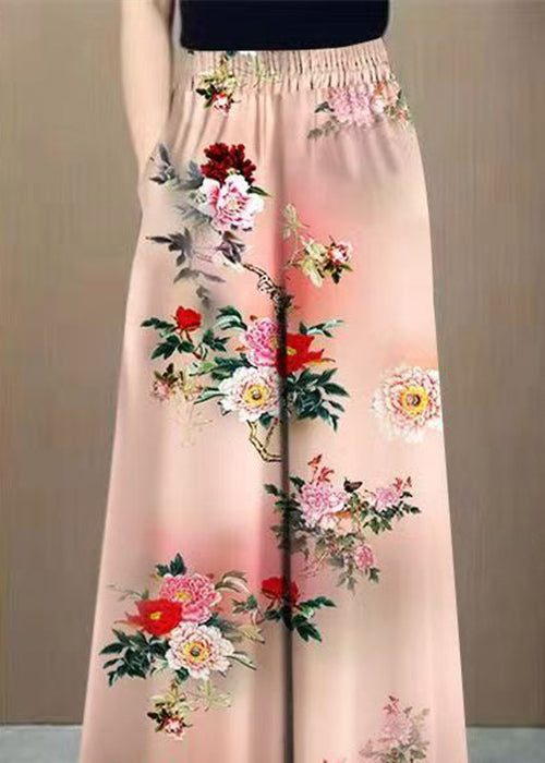 Art Pink Tie Dye Pockets Cotton Wide Leg Pants Elastic Waist