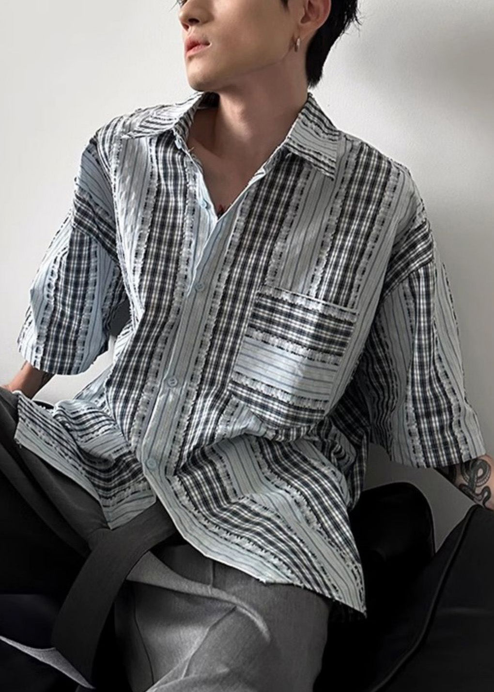 Art Plaid Button Patchwork Cotton Shirt Summer