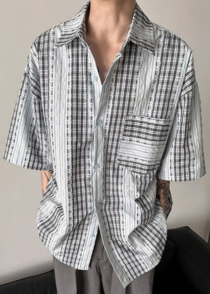 Art Plaid Button Patchwork Cotton Shirt Summer