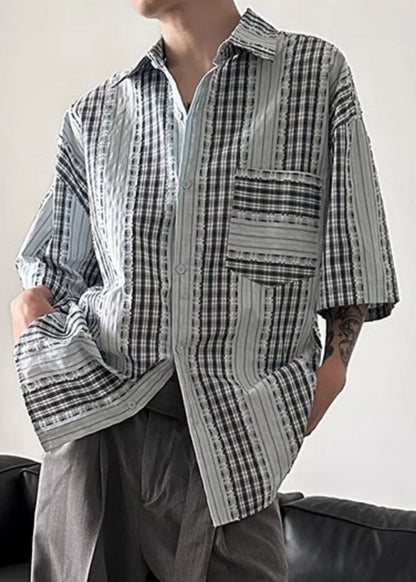 Art Plaid Button Patchwork Cotton Shirt Summer