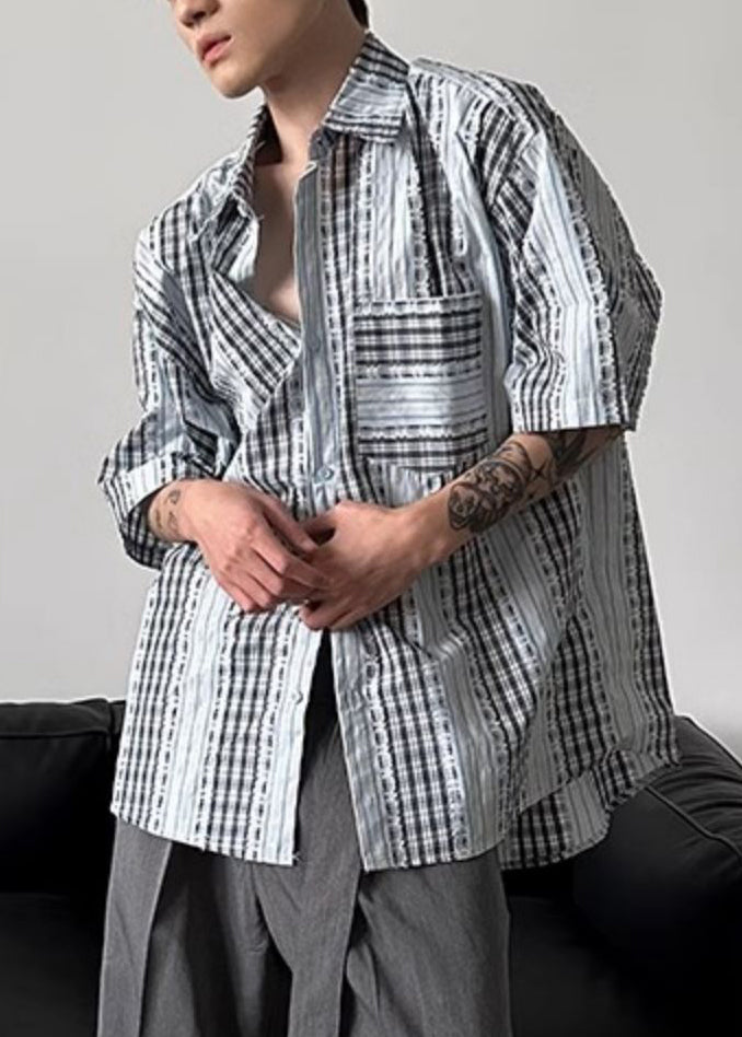 Art Plaid Button Patchwork Cotton Shirt Summer