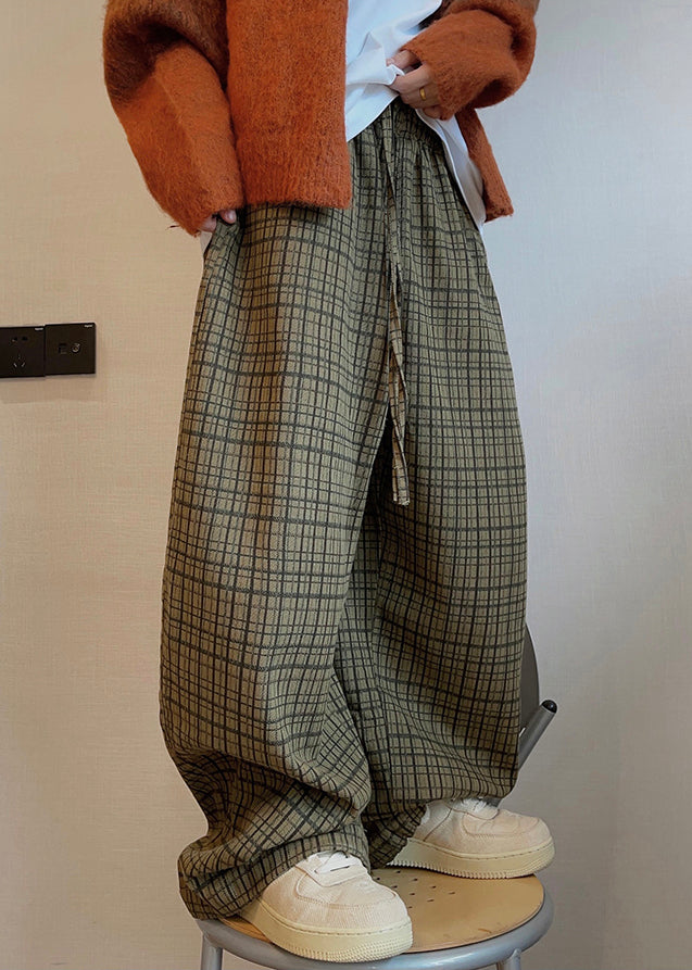 Art Plaid Pockets Drawstring Cotton Wide Leg Pants Fall