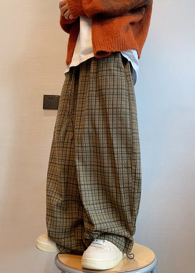 Art Plaid Pockets Drawstring Cotton Wide Leg Pants Fall