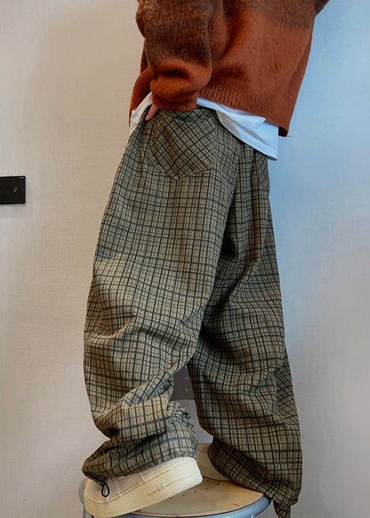 Art Plaid Pockets Drawstring Cotton Wide Leg Pants Fall