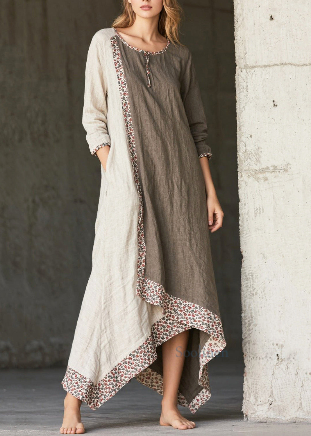 Art Print Patchwork Cotton Maxi Dresses Asymmetrical Spring