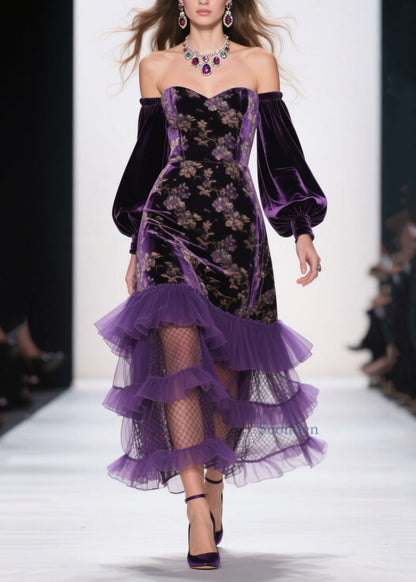 Art Purple Cold Shoulder Print Ruffled Velvet Dress Spring