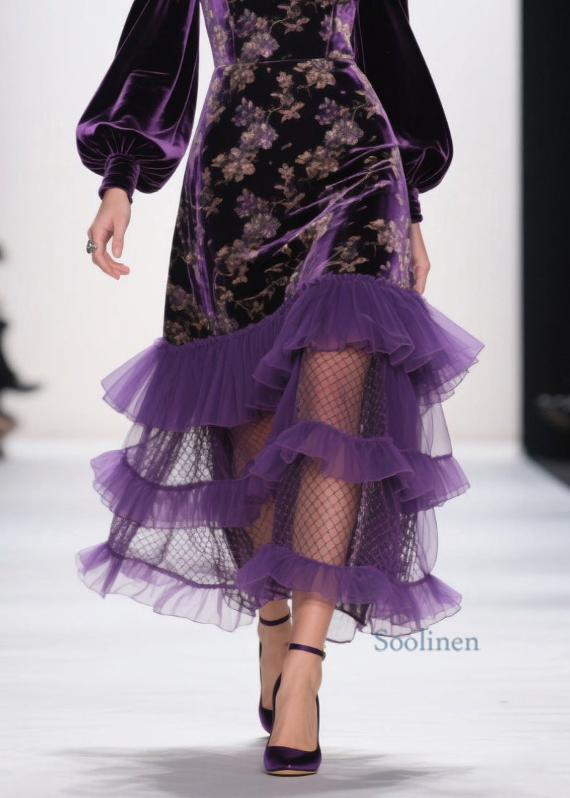 Art Purple Cold Shoulder Print Ruffled Velvet Dress Spring