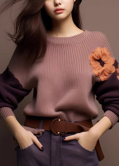 Art Purple O-neck Cozy Patchwork Knit Sweaters Spring