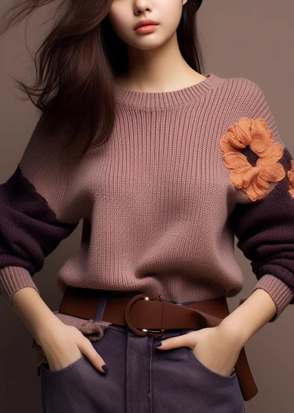 Art Purple O-neck Cozy Patchwork Knit Sweaters Spring