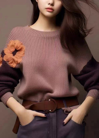 Art Purple O-neck Cozy Patchwork Knit Sweaters Spring