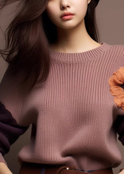 Art Purple O-neck Cozy Patchwork Knit Sweaters Spring