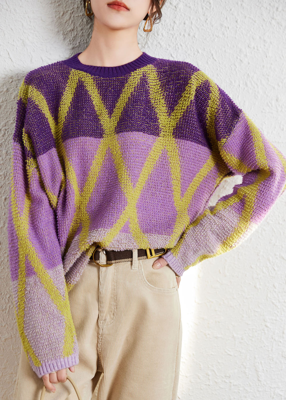 Art Purple O-neck Plaid Patchwork Wool Knit Sweaters Long Sleeve
