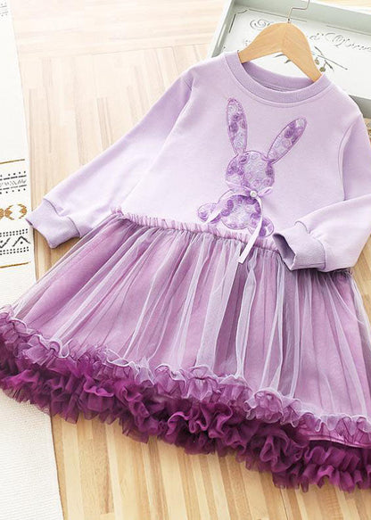 Art Purple O-neck Rabbit Print Patchwork Tulle Kids Long Dress Fall