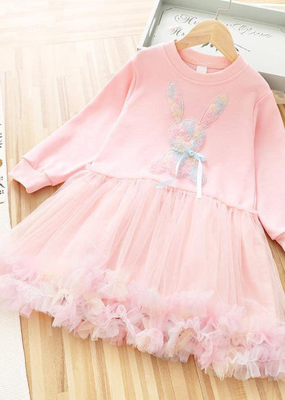Art Purple O-neck Rabbit Print Patchwork Tulle Kids Long Dress Fall