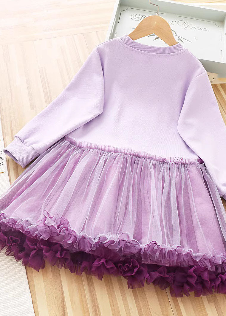 Art Purple O-neck Rabbit Print Patchwork Tulle Kids Long Dress Fall