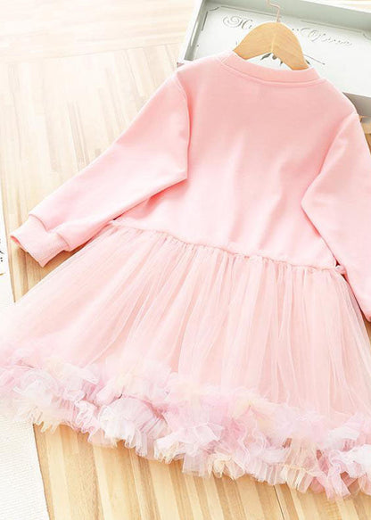 Art Purple O-neck Rabbit Print Patchwork Tulle Kids Long Dress Fall