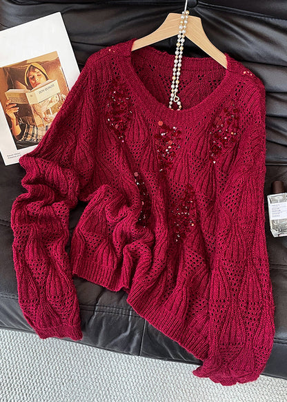 Art Purple O Neck Sequins Hollow Out Knit Sweater Tops Fall