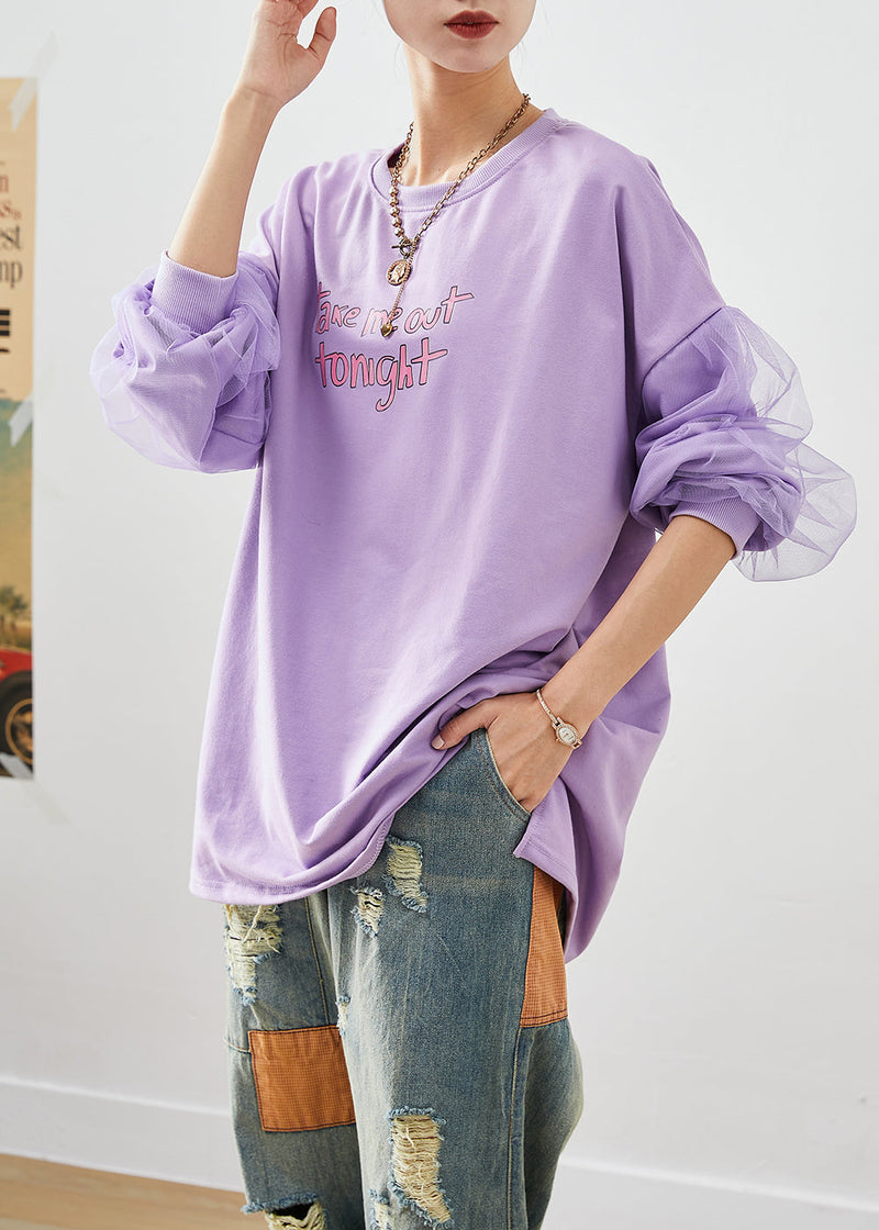 Art Purple Oversized Patchwork Cotton Pullover Fall
