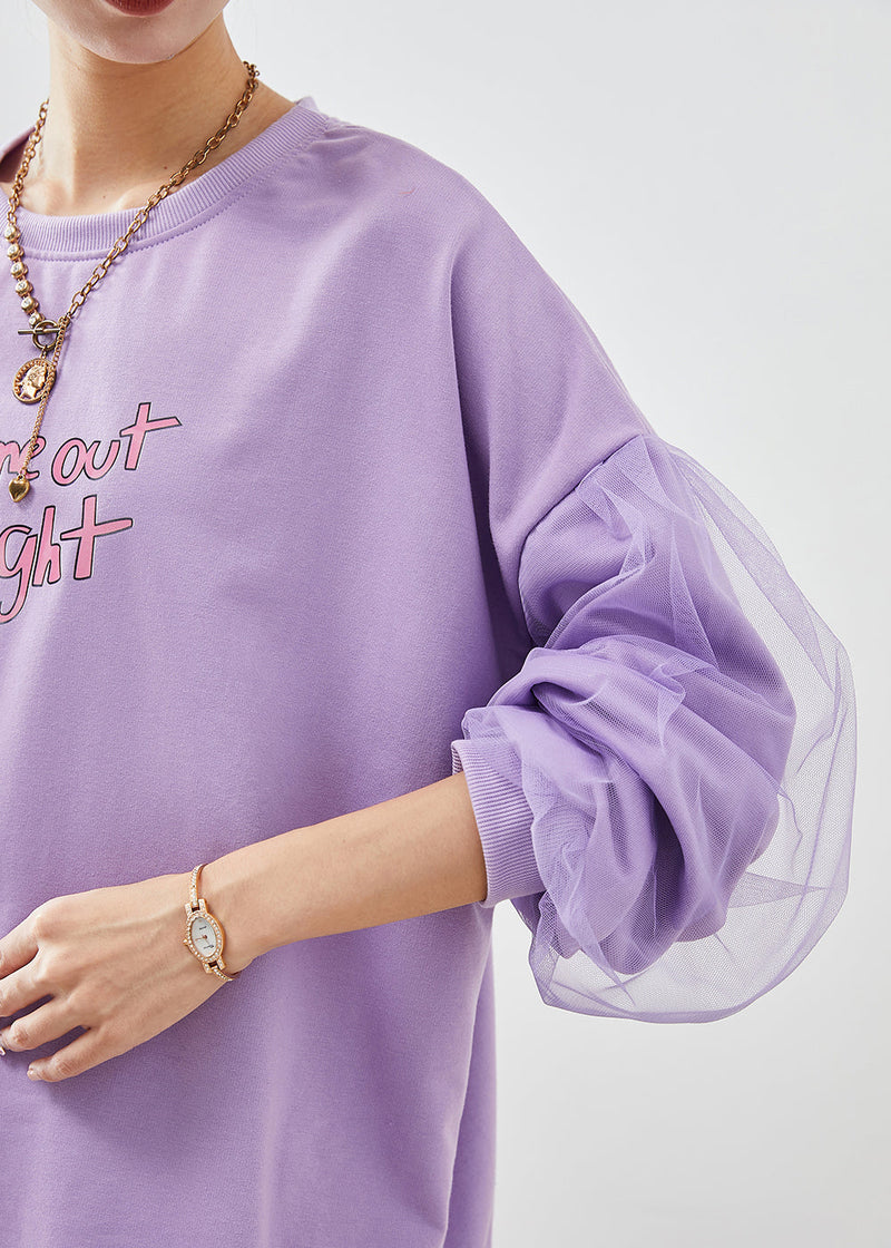 Art Purple Oversized Patchwork Cotton Pullover Fall