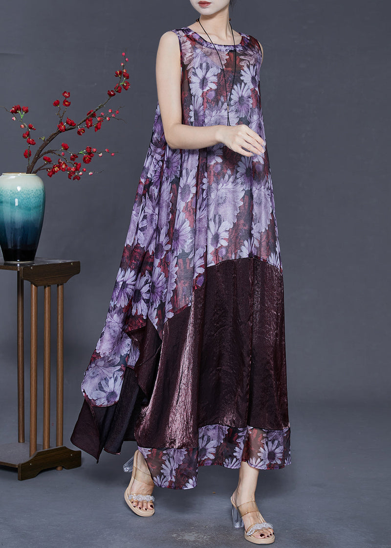 Art Purple Oversized Patchwork Print Silk Maxi Dresses Summer