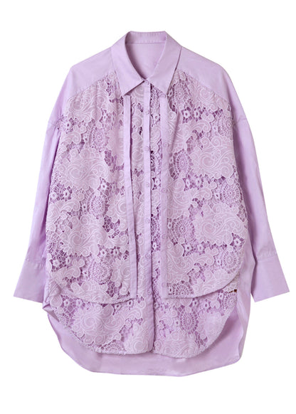 Art Purple Peter Pan Collar Hollow Out Fake Two Pieces Lace Tops Spring