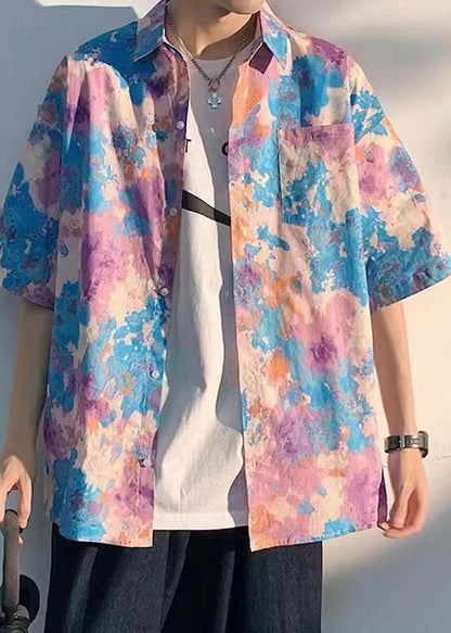 Art Purple Peter Pan Collar Print Shirts Short Sleeve