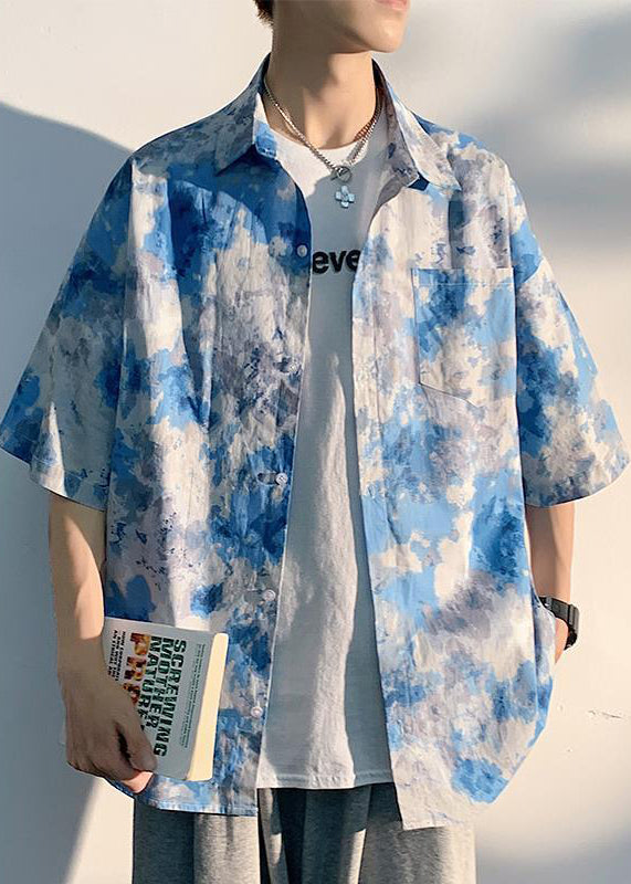 Art Purple Peter Pan Collar Print Shirts Short Sleeve