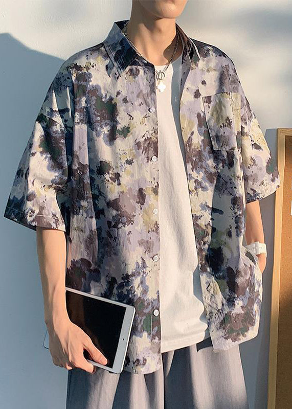 Art Purple Peter Pan Collar Print Shirts Short Sleeve