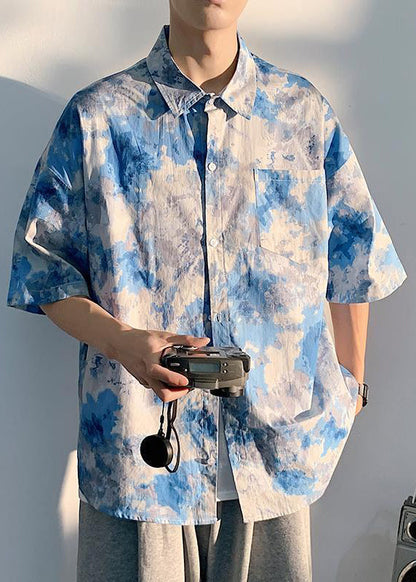 Art Purple Peter Pan Collar Print Shirts Short Sleeve