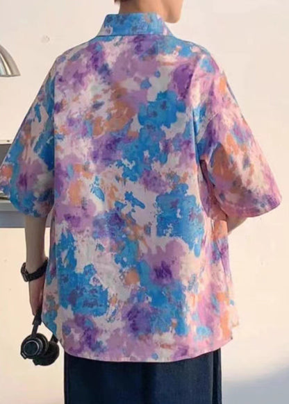 Art Purple Peter Pan Collar Print Shirts Short Sleeve