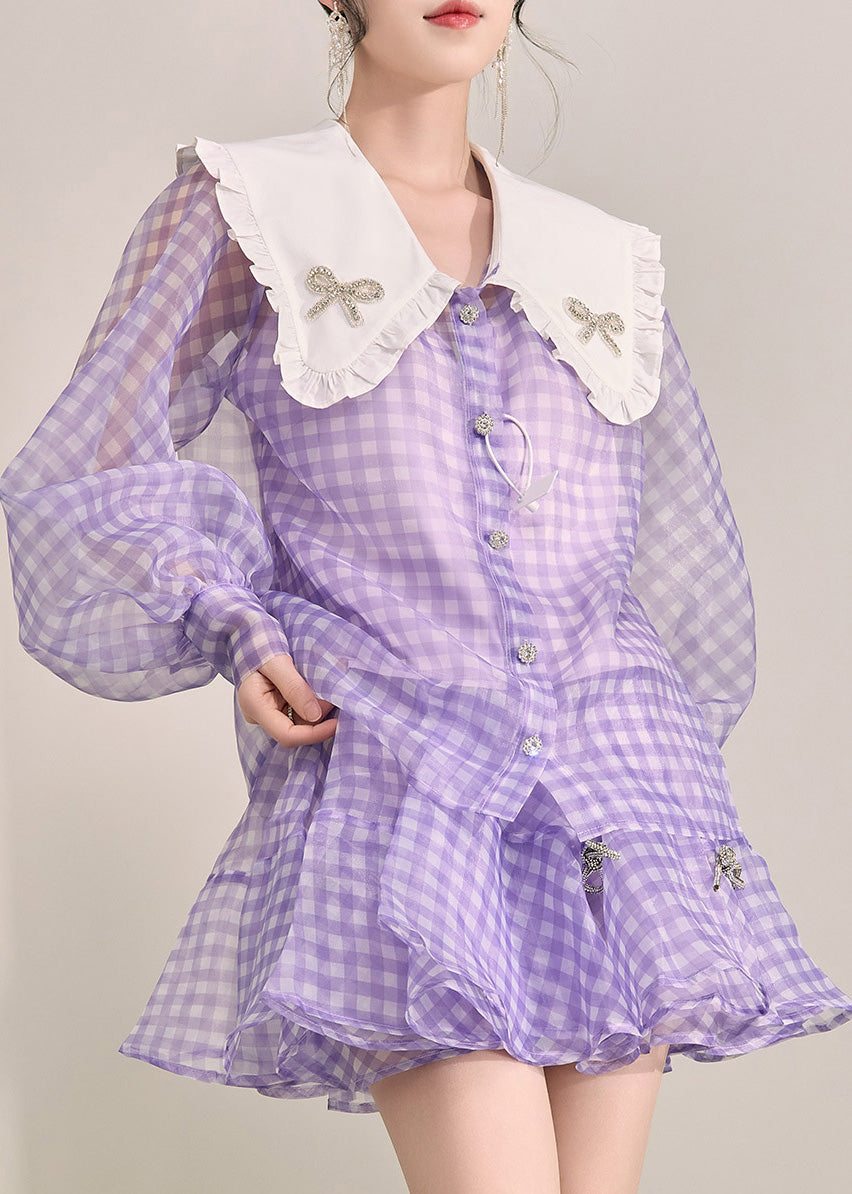 Art Purple Plaid Button Tulle Shirts and Shorts Two Pieces Set Fall