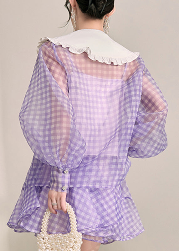 Art Purple Plaid Button Tulle Shirts and Shorts Two Pieces Set Fall